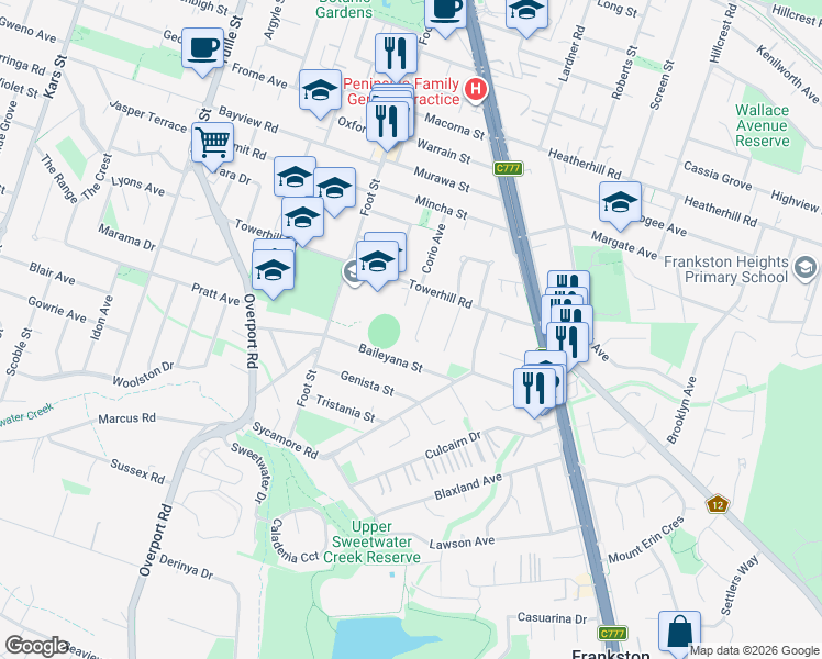 map of restaurants, bars, coffee shops, grocery stores, and more near 12 Banool Court in Frankston South