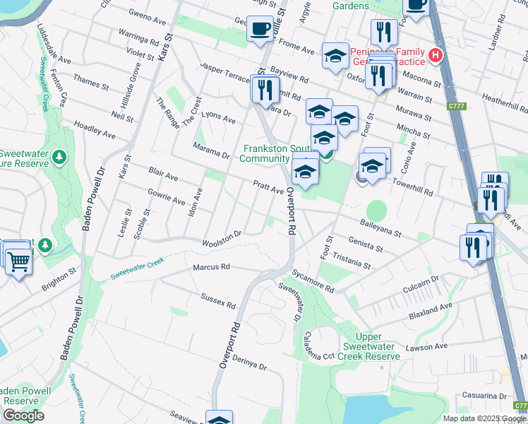 map of restaurants, bars, coffee shops, grocery stores, and more near 67 Woolston Drive in Frankston South
