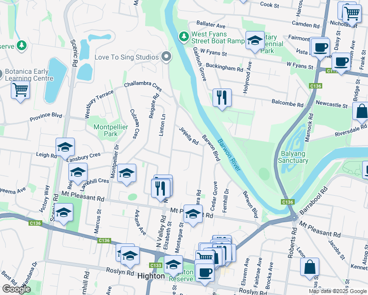 map of restaurants, bars, coffee shops, grocery stores, and more near 6 Mont D'or Parade in Highton