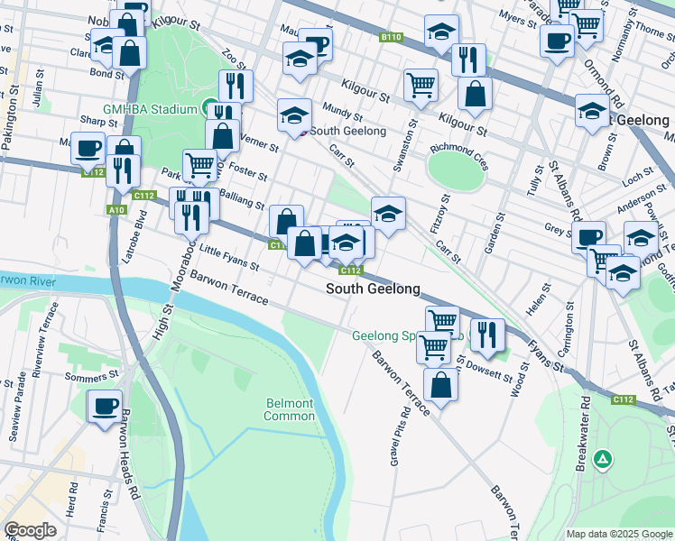 map of restaurants, bars, coffee shops, grocery stores, and more near 142 Fyans Street in Geelong