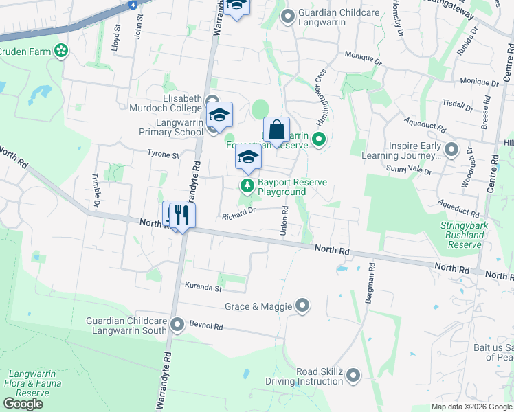 map of restaurants, bars, coffee shops, grocery stores, and more near 34 Richard Drive in Langwarrin