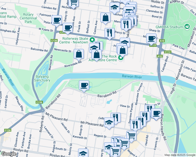 map of restaurants, bars, coffee shops, grocery stores, and more near Promenade in Belmont