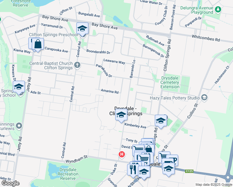 map of restaurants, bars, coffee shops, grocery stores, and more near 3 Amarina Road in Clifton Springs
