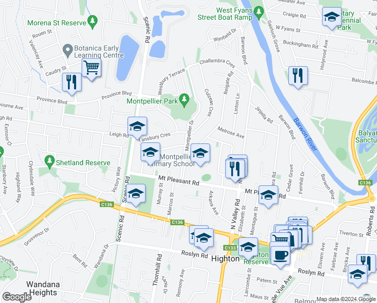 map of restaurants, bars, coffee shops, grocery stores, and more near 19 Montpellier Drive in Highton