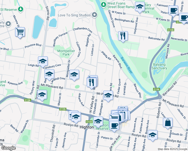 map of restaurants, bars, coffee shops, grocery stores, and more near 73 North Valley Road in Highton