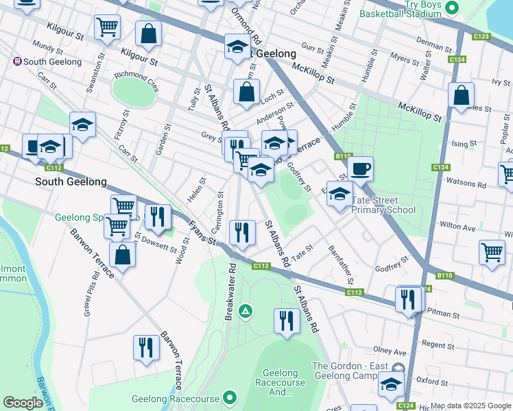 map of restaurants, bars, coffee shops, grocery stores, and more near 76 Saint Albans Road in Thomson