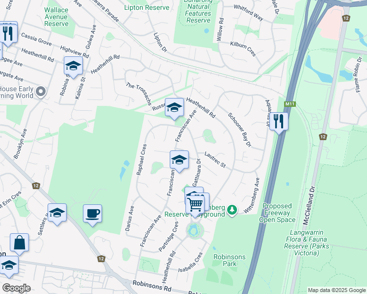 map of restaurants, bars, coffee shops, grocery stores, and more near 3 Buxton Crescent in Frankston