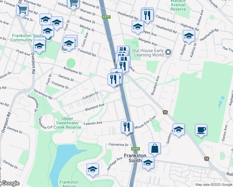 map of restaurants, bars, coffee shops, grocery stores, and more near 5 Culcairn Drive in Frankston South