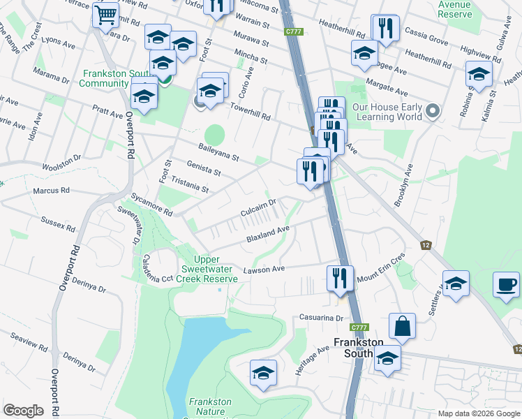 map of restaurants, bars, coffee shops, grocery stores, and more near 31 Culcairn Drive in Frankston South