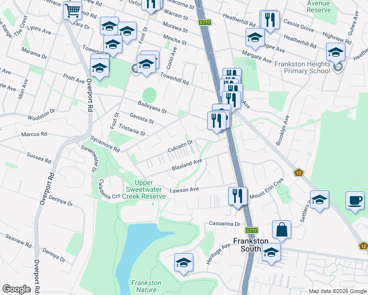 map of restaurants, bars, coffee shops, grocery stores, and more near 31 Culcairn Drive in Frankston South