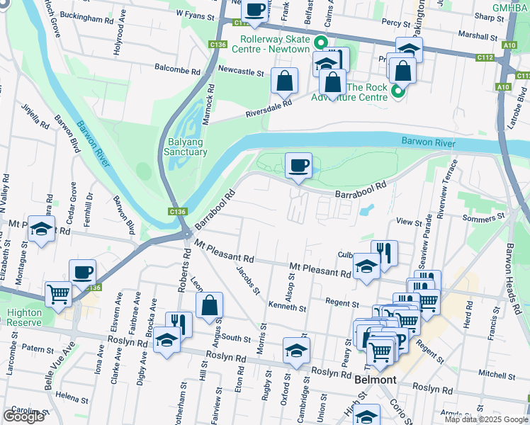 map of restaurants, bars, coffee shops, grocery stores, and more near 21 Albert Terrace in Belmont