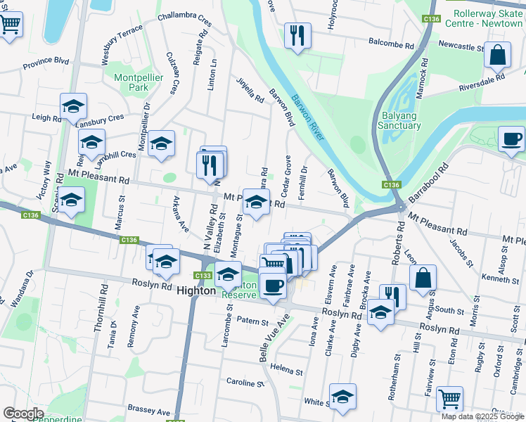 map of restaurants, bars, coffee shops, grocery stores, and more near 197 Mount Pleasant Road in Highton