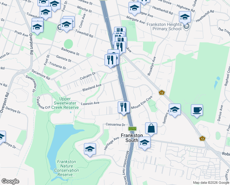 map of restaurants, bars, coffee shops, grocery stores, and more near 15 Wentworth Avenue in Frankston South