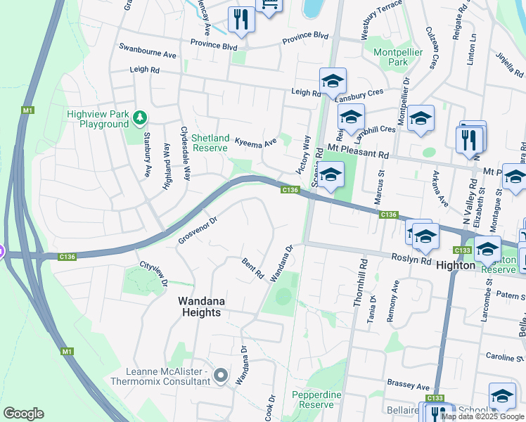map of restaurants, bars, coffee shops, grocery stores, and more near 22 Grosvenor Drive in Wandana Heights
