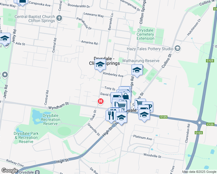 map of restaurants, bars, coffee shops, grocery stores, and more near 9 Tony Street in Drysdale