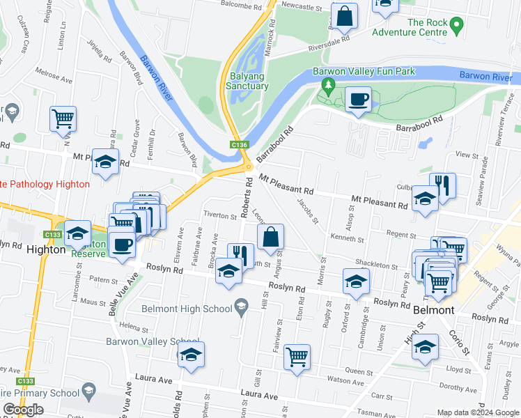 map of restaurants, bars, coffee shops, grocery stores, and more near 24 Leonard Street in Belmont