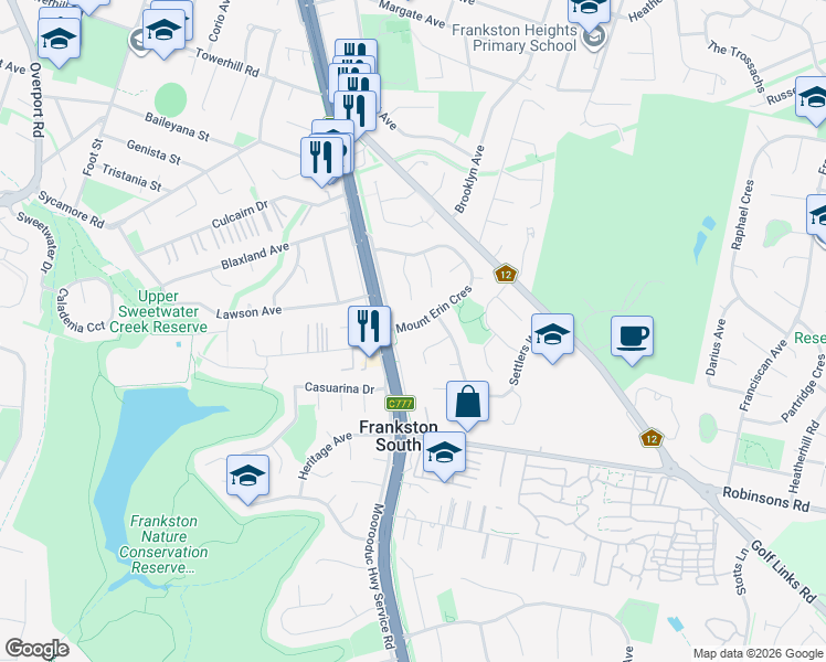 map of restaurants, bars, coffee shops, grocery stores, and more near 73 Mount Erin Crescent in Frankston South