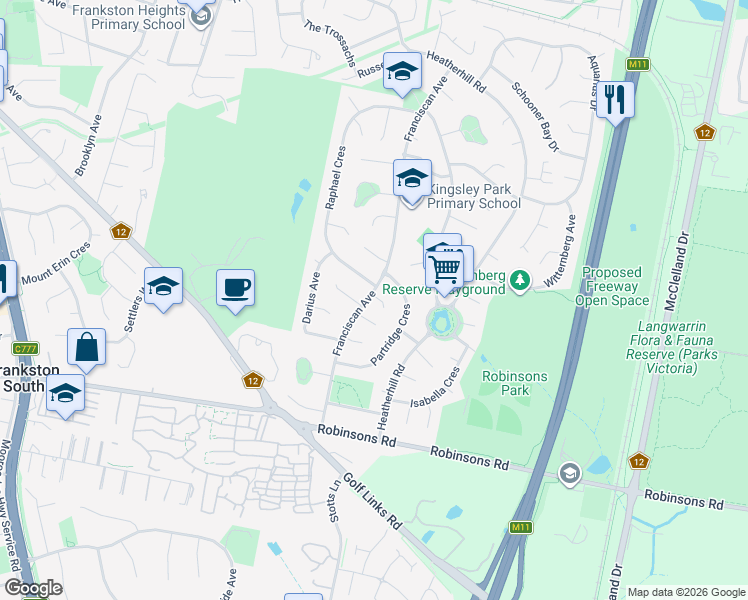 map of restaurants, bars, coffee shops, grocery stores, and more near 46 Franciscan Avenue in Frankston