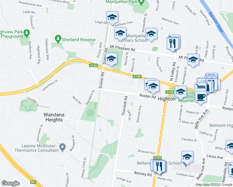 map of restaurants, bars, coffee shops, grocery stores, and more near 331 Roslyn Road in Highton