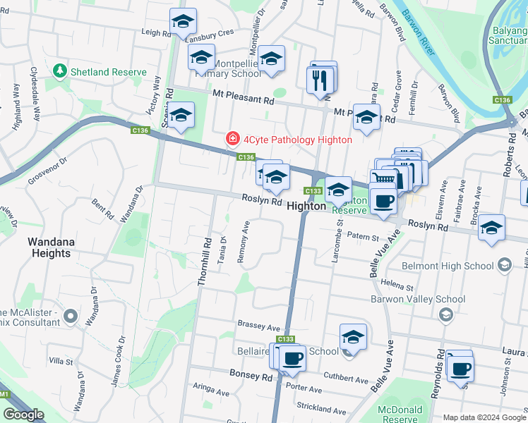 map of restaurants, bars, coffee shops, grocery stores, and more near 1 Remony Avenue in Highton