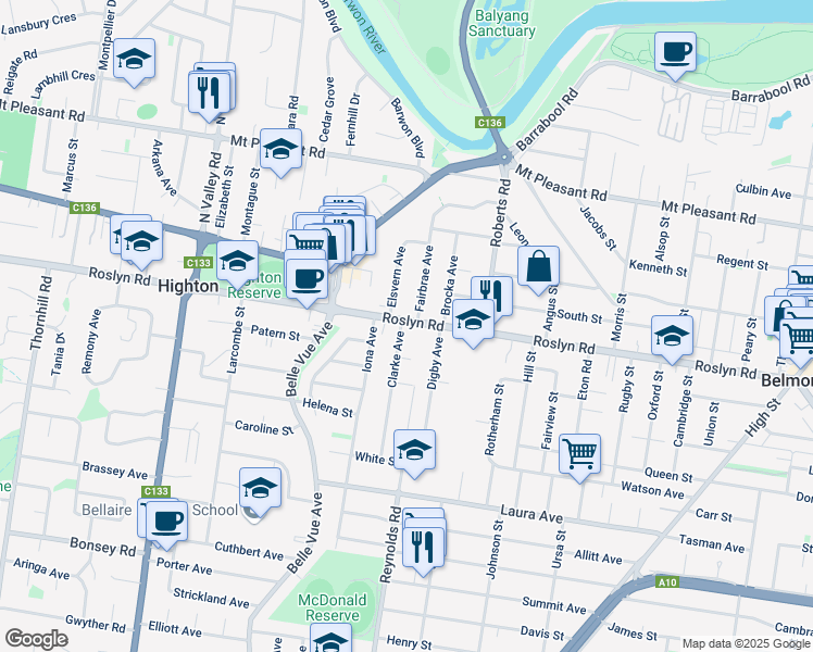 map of restaurants, bars, coffee shops, grocery stores, and more near 201 Roslyn Road in Belmont