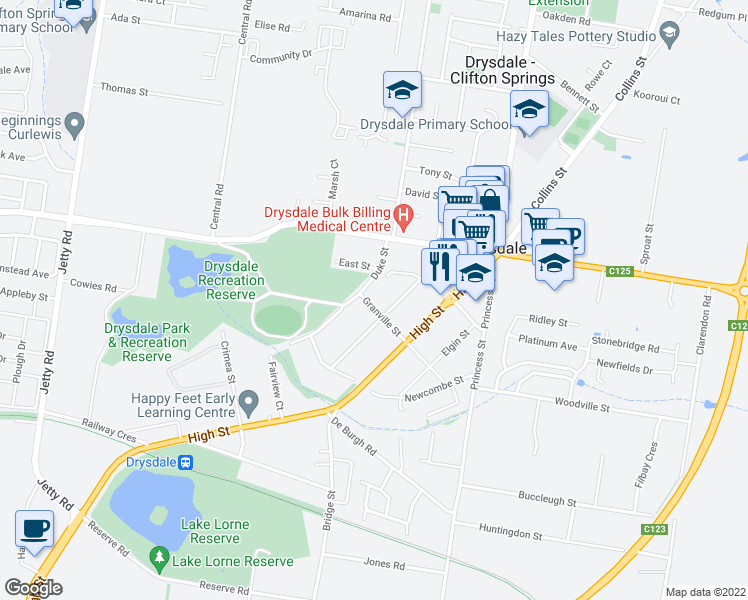 map of restaurants, bars, coffee shops, grocery stores, and more near 5 Granville Street in Drysdale