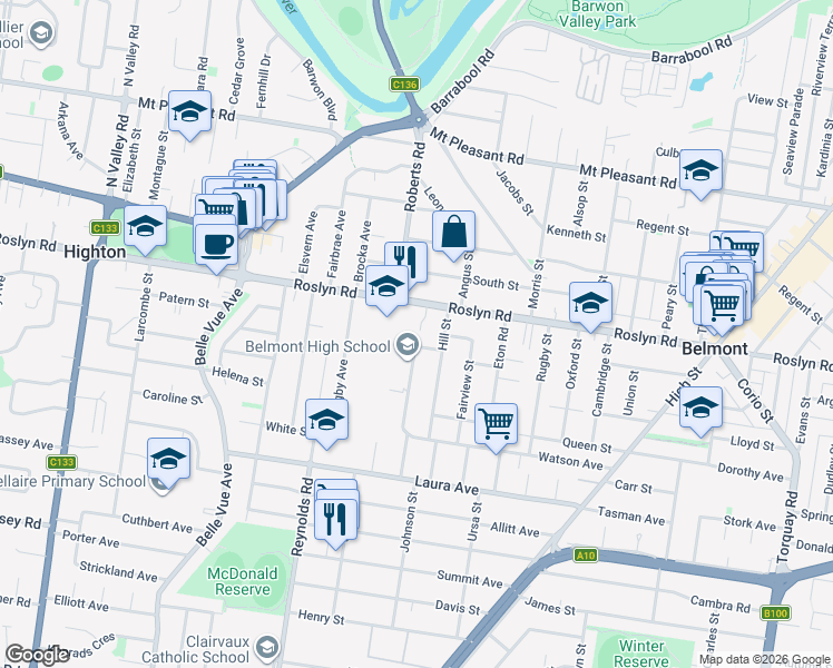 map of restaurants, bars, coffee shops, grocery stores, and more near 10 Rotherham Street in Belmont