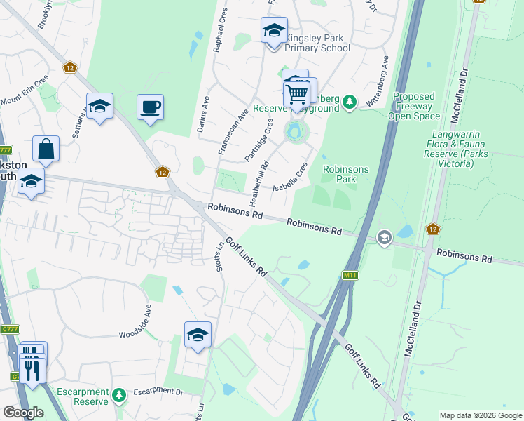 map of restaurants, bars, coffee shops, grocery stores, and more near 79 Robinsons Road in Frankston