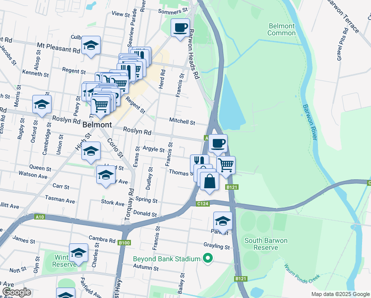 map of restaurants, bars, coffee shops, grocery stores, and more near 10 Herbert Street in Belmont