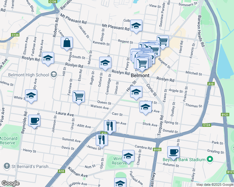 map of restaurants, bars, coffee shops, grocery stores, and more near 6 King Street in Belmont