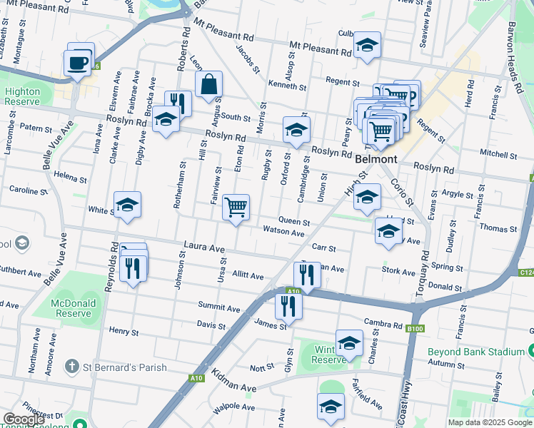 map of restaurants, bars, coffee shops, grocery stores, and more near 41 Rugby Street in Belmont