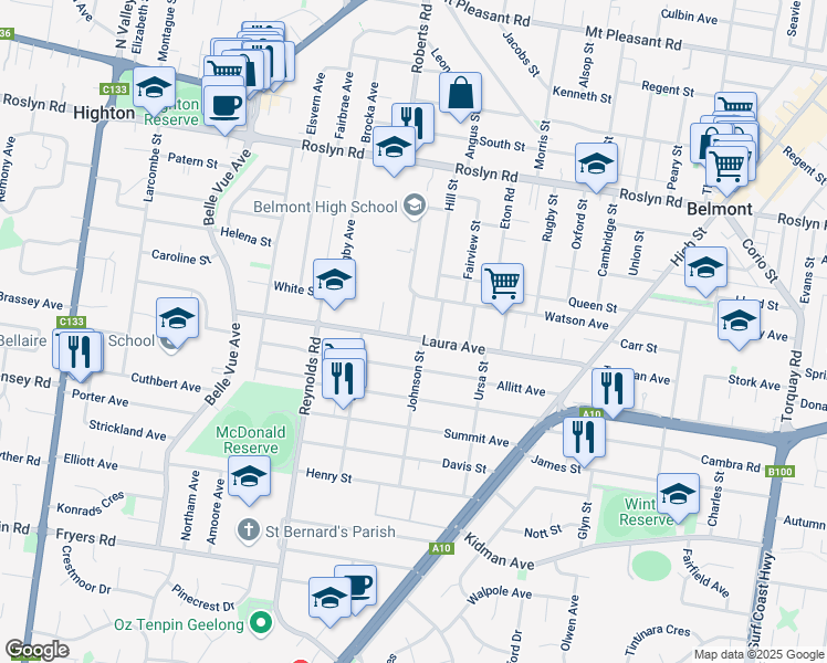 map of restaurants, bars, coffee shops, grocery stores, and more near 62 Laura Avenue in Belmont