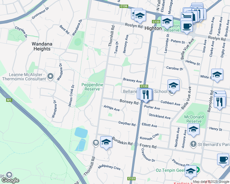 map of restaurants, bars, coffee shops, grocery stores, and more near 5 Cedmar Avenue in Highton