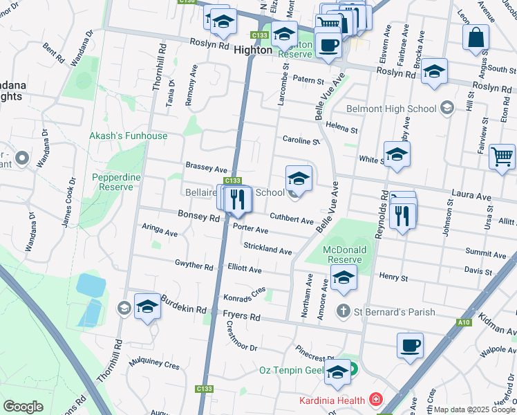 map of restaurants, bars, coffee shops, grocery stores, and more near 10 Cuthbert Avenue in Highton