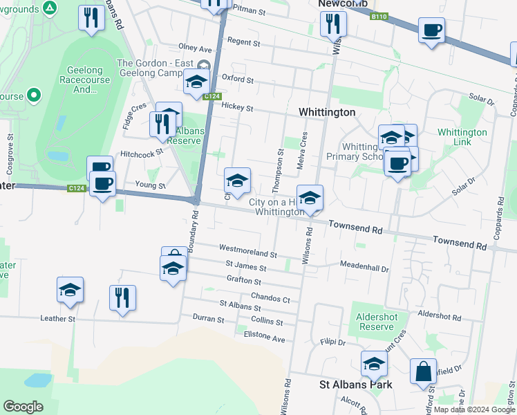 map of restaurants, bars, coffee shops, grocery stores, and more near 31 Townsend Road in Whittington