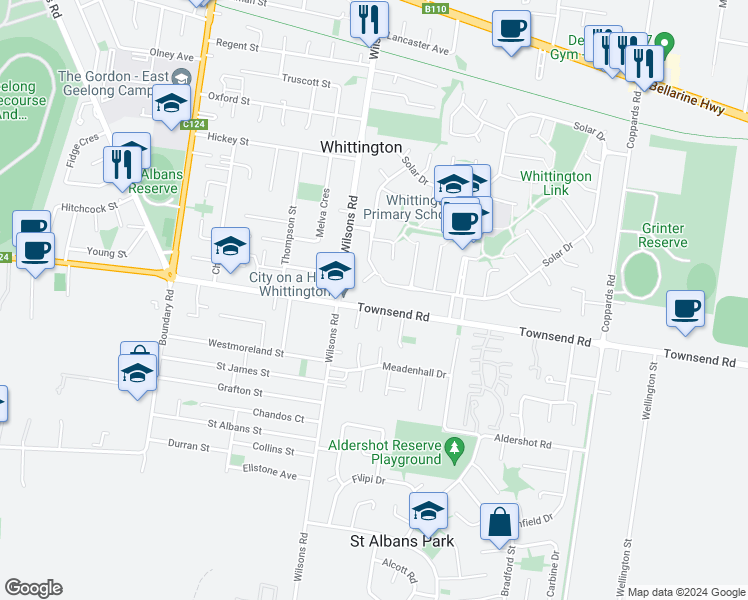 map of restaurants, bars, coffee shops, grocery stores, and more near 75 Townsend Road in Whittington