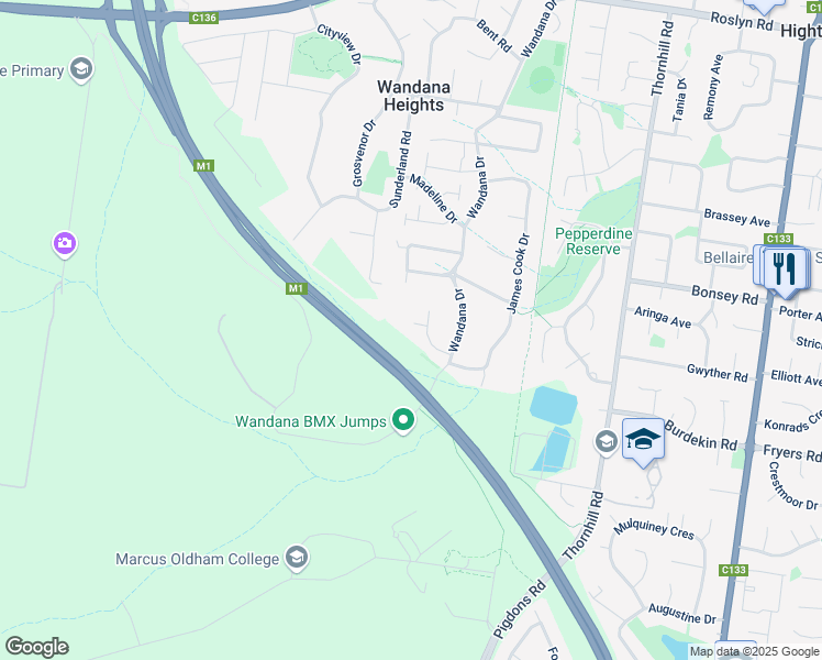 map of restaurants, bars, coffee shops, grocery stores, and more near 3 Sunhill Court in Wandana Heights
