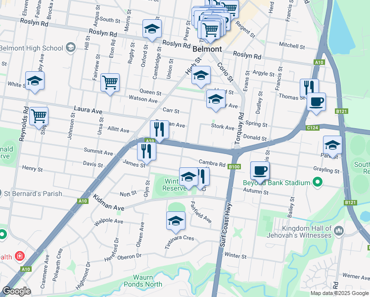 map of restaurants, bars, coffee shops, grocery stores, and more near 81 Settlement Road in Belmont