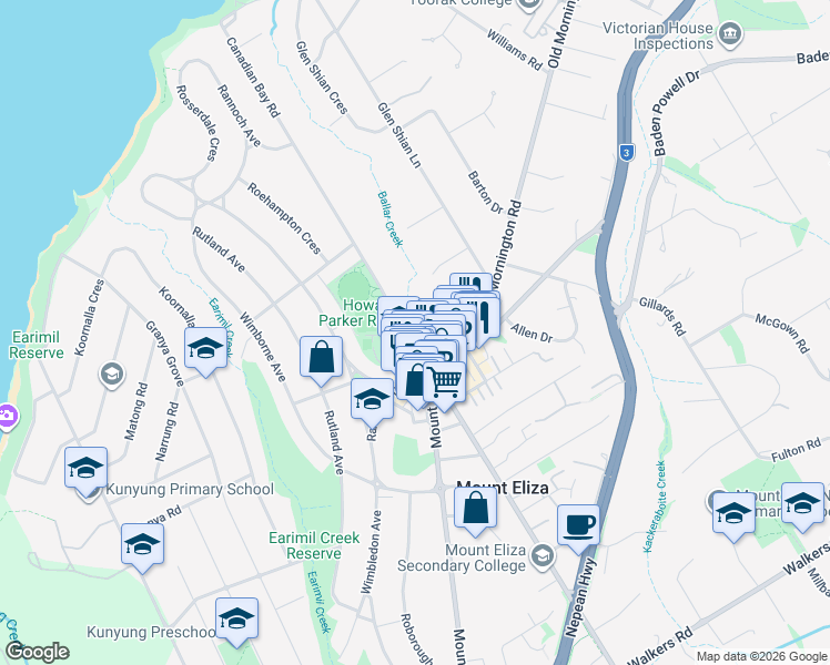 map of restaurants, bars, coffee shops, grocery stores, and more near 67 Canadian Bay Road in Mount Eliza