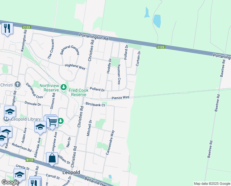 map of restaurants, bars, coffee shops, grocery stores, and more near 69 Pollard Drive in Leopold