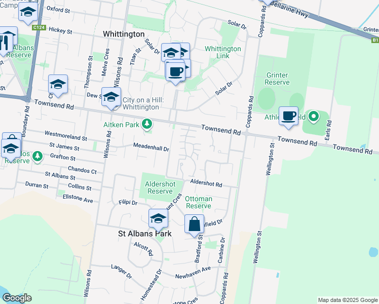 map of restaurants, bars, coffee shops, grocery stores, and more near 120-130 Townsend Road in Saint Albans Park