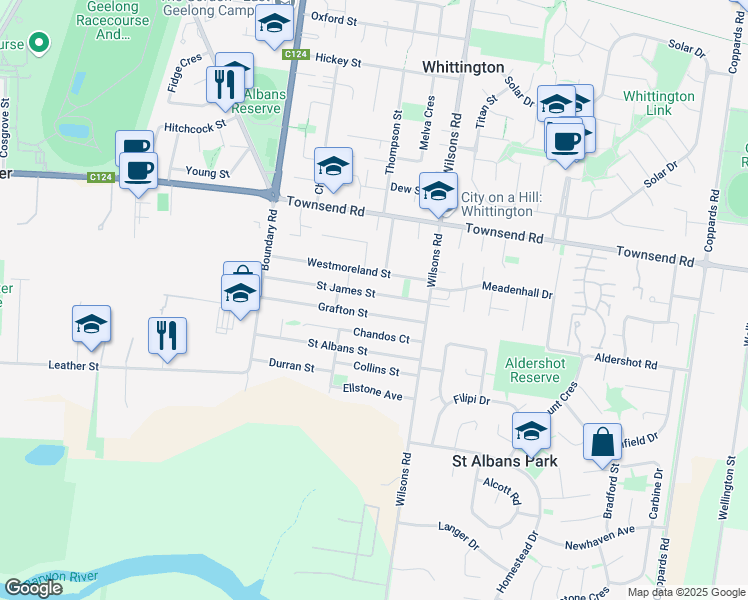 map of restaurants, bars, coffee shops, grocery stores, and more near 42 St James Street in St Albans Park