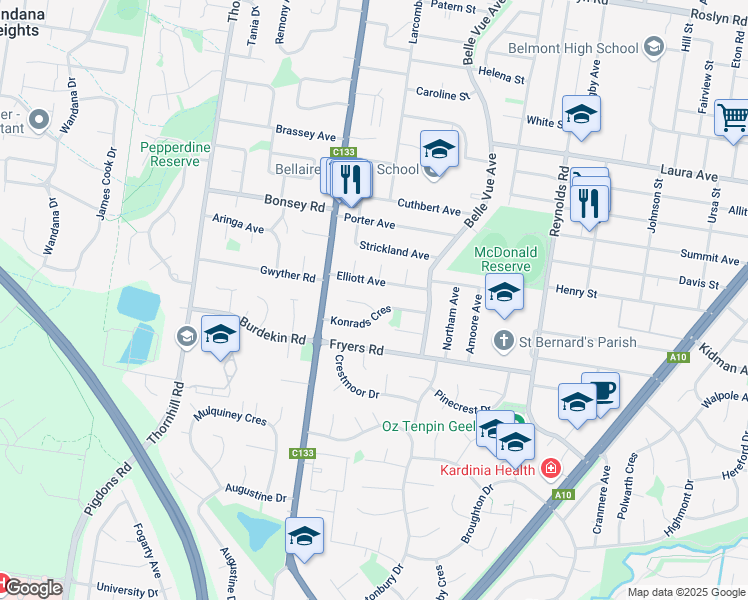 map of restaurants, bars, coffee shops, grocery stores, and more near 4 Madigan Court in Highton