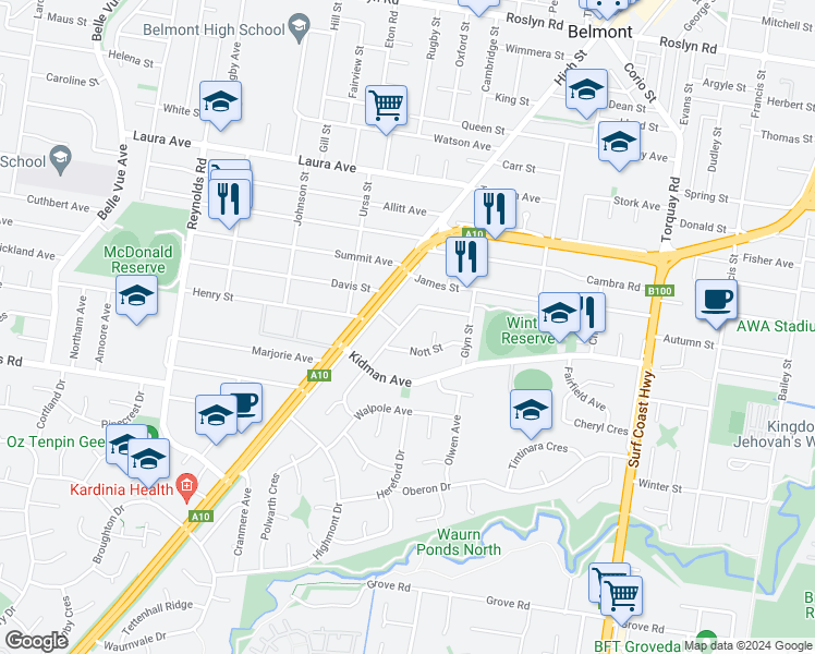 map of restaurants, bars, coffee shops, grocery stores, and more near 21 Learmouth Street in Belmont