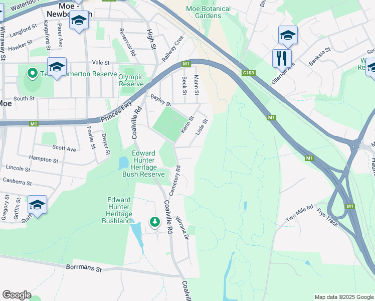map of restaurants, bars, coffee shops, grocery stores, and more near 10 Purvis Street in Moe