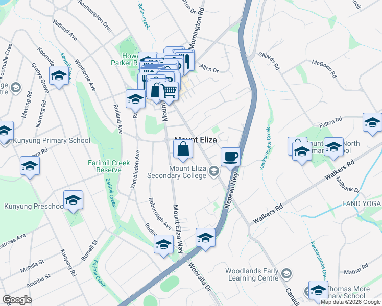 map of restaurants, bars, coffee shops, grocery stores, and more near 2-4 Moorgate Avenue in Mount Eliza