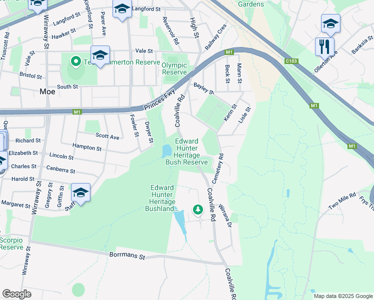 map of restaurants, bars, coffee shops, grocery stores, and more near in Moe