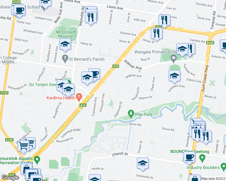 map of restaurants, bars, coffee shops, grocery stores, and more near 8 Polwarth Crescent in Belmont