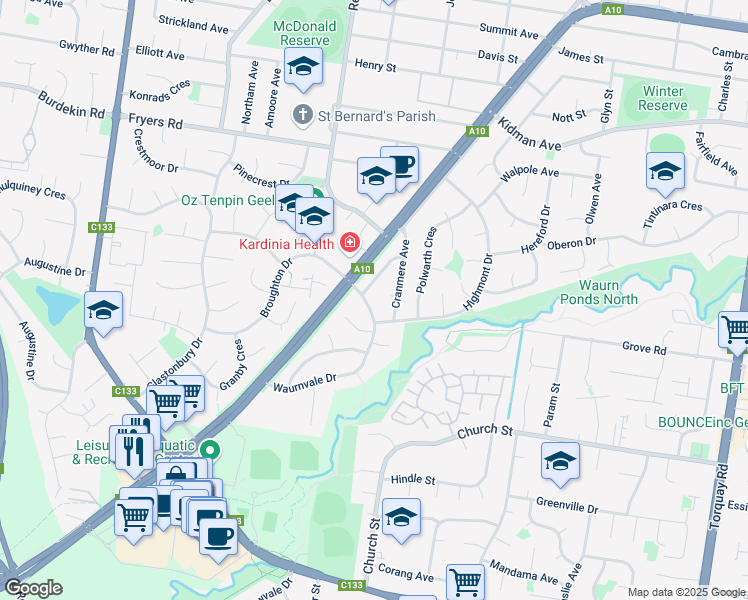 map of restaurants, bars, coffee shops, grocery stores, and more near 2 Waurnvale Drive in Belmont