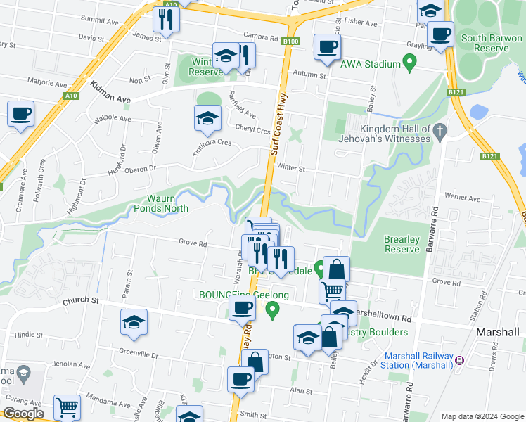 map of restaurants, bars, coffee shops, grocery stores, and more near 109 Torquay Road in Grovedale